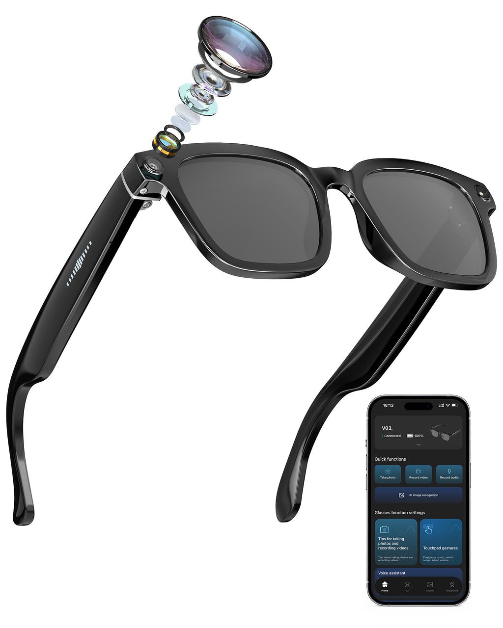 Smart-Glasses with Camera and Audio, 8MP HD Camera Blue-Light Glasses for Men Women, 1080P Video Recording AI Glasses, Real Time Translation, Voice Assistant V03-T5