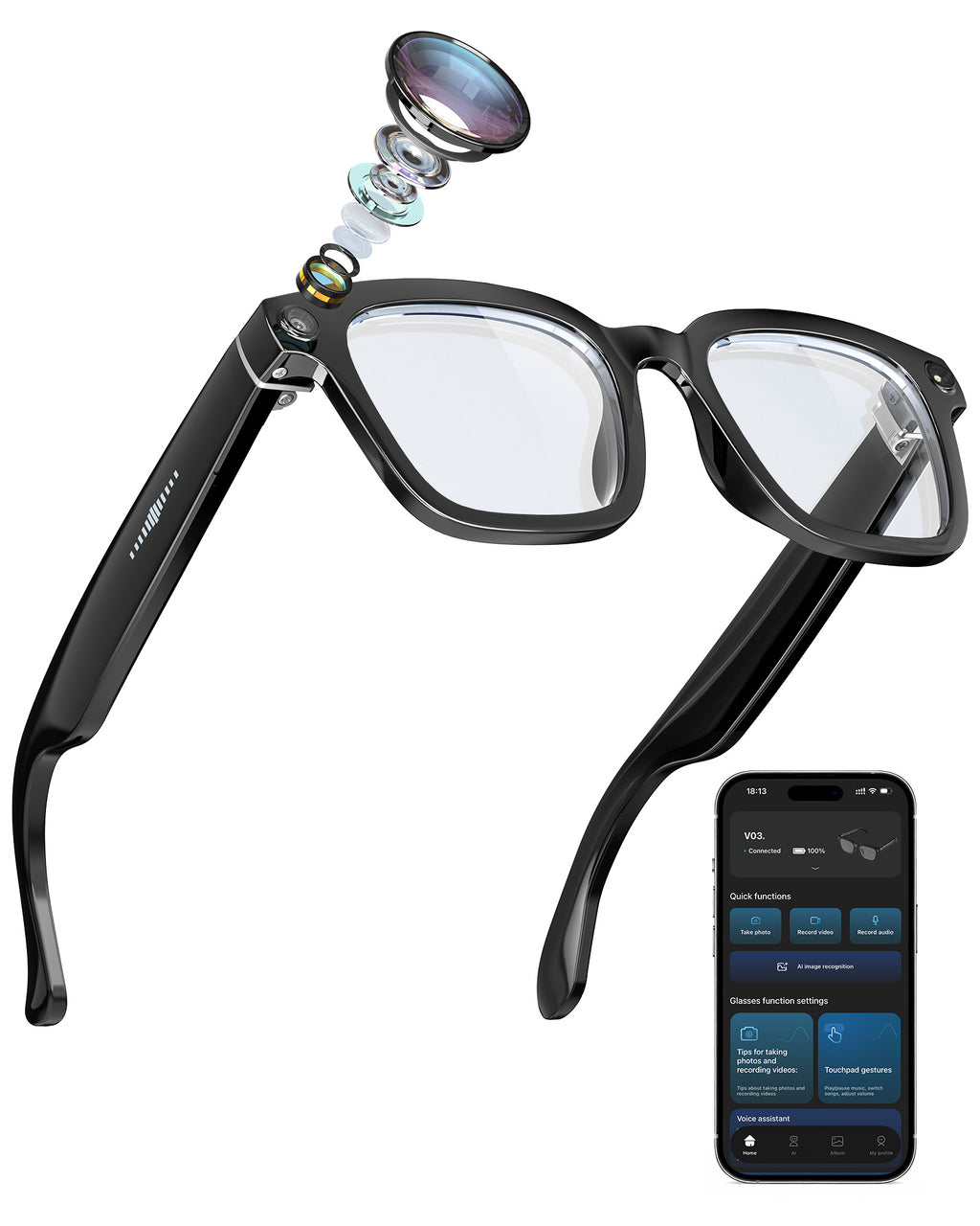 Smart-Glasses with Camera and Audio, 8MP HD Camera Smart-Sunglasses for Men Women, 1080P Video Recording AI Glasses, Real Time Translation, Voice Assistant V03-T5-EP