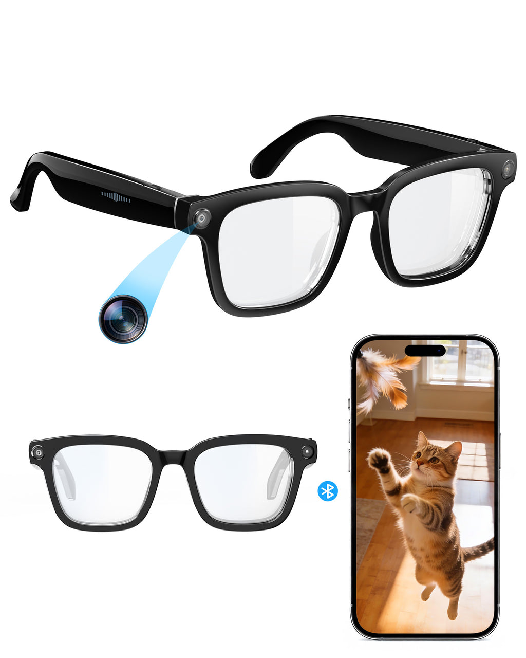 Smart-Glasses with Camera and Audio, 8MP HD Camera Smart-Sunglasses for Men Women, 1080P Video Recording AI Glasses, Real Time Translation, Voice Assistant V03-T5-EP