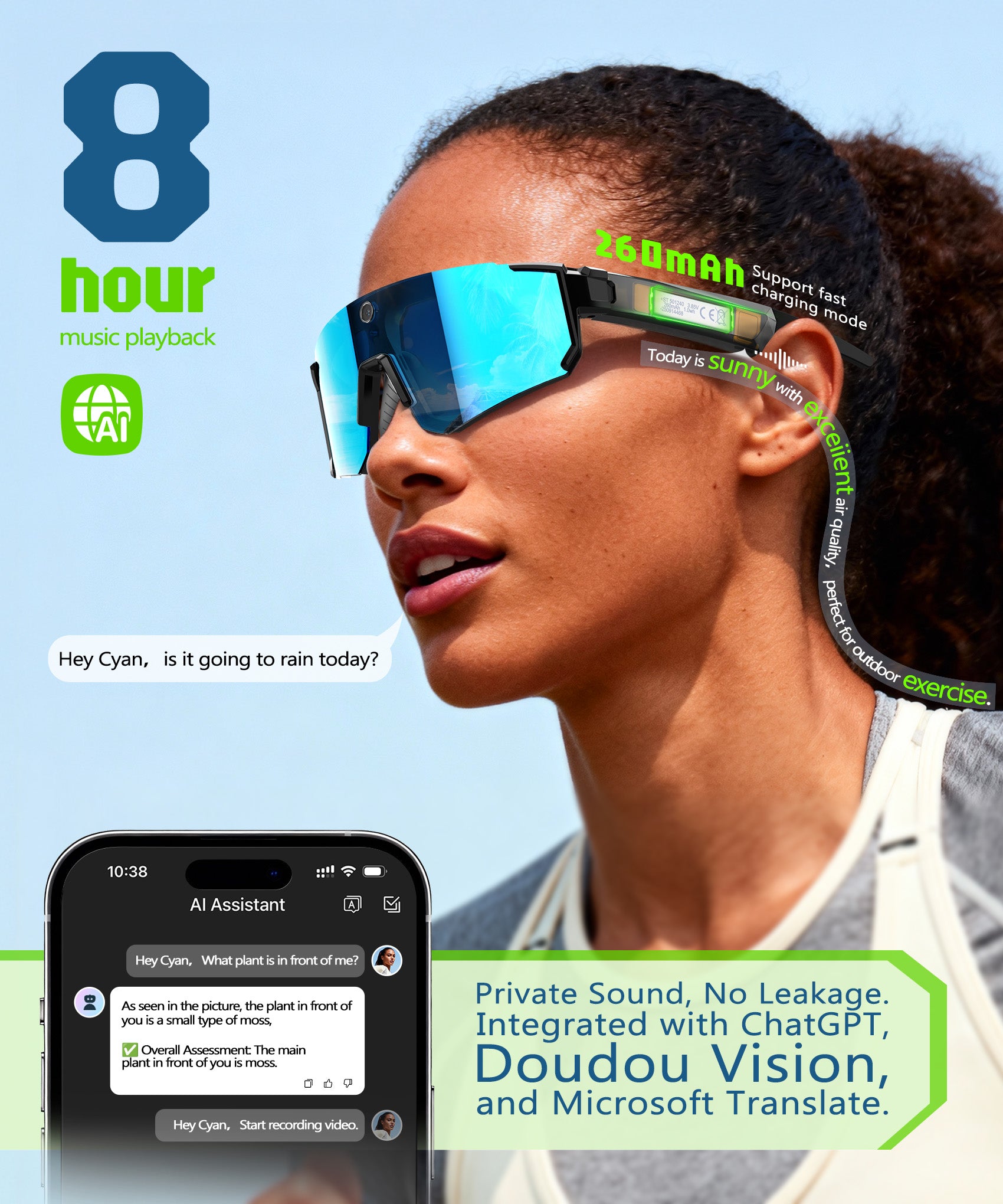 AI Smart Glasses with Camera 4K, Video Recording Glasses with Camera, Polarized Sports Sunglasses with EIS Stabilization, Dual Mic Noise Canceling, IP66, ChatGPT Enabled
