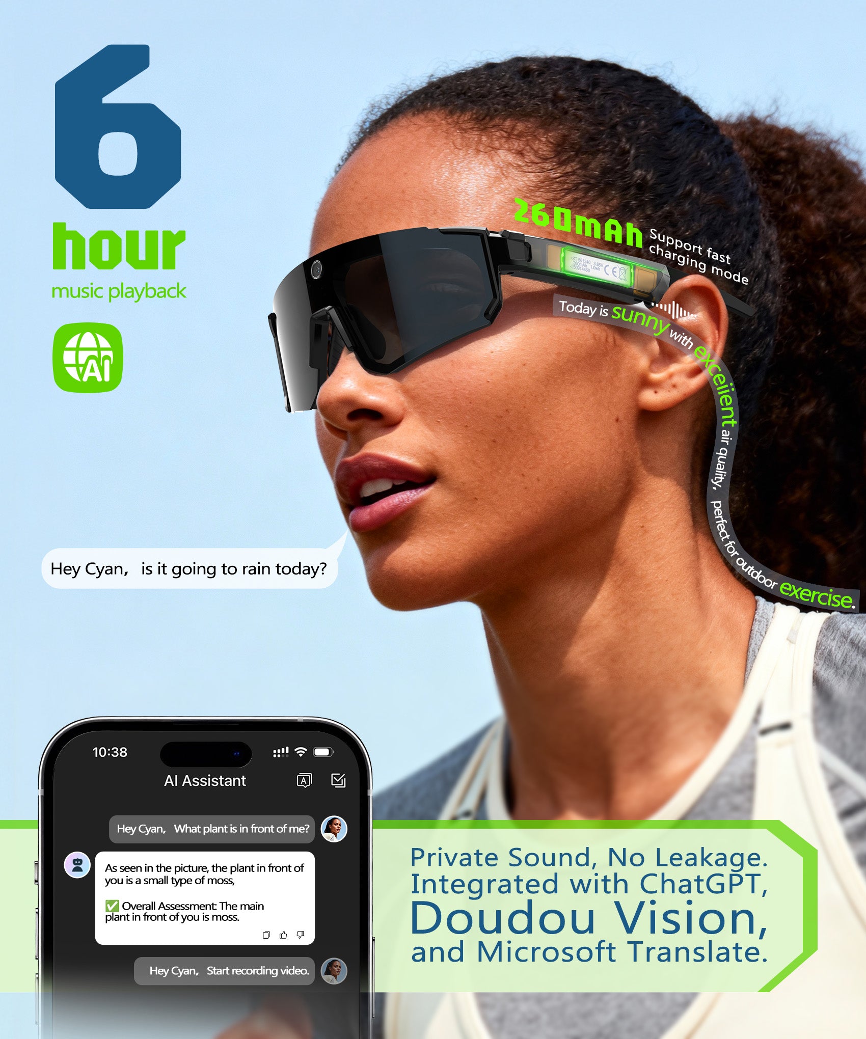 GLOSSIA AI Smart Glasses with Camera 4K, Video Recording Glasses with Camera, Polarized Sports Sunglasses with EIS Stabilization, Dual Mic Noise Canceling, IP66, ChatGPT Enabled