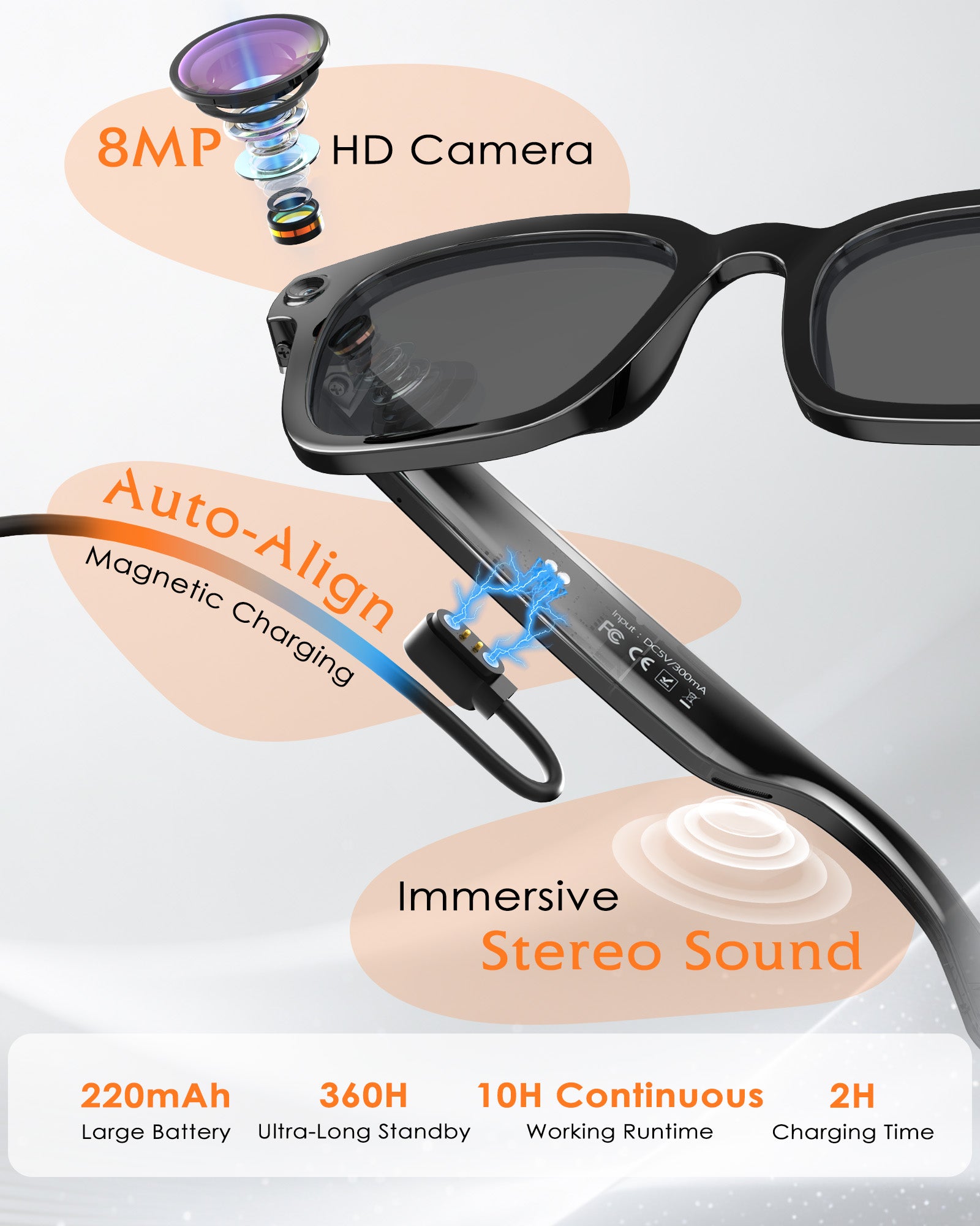 Smart-Glasses with Camera and Audio, 8MP HD Camera Blue-Light Glasses for Men Women, 1080P Video Recording AI Glasses, Real Time Translation, Voice Assistant V03-T5