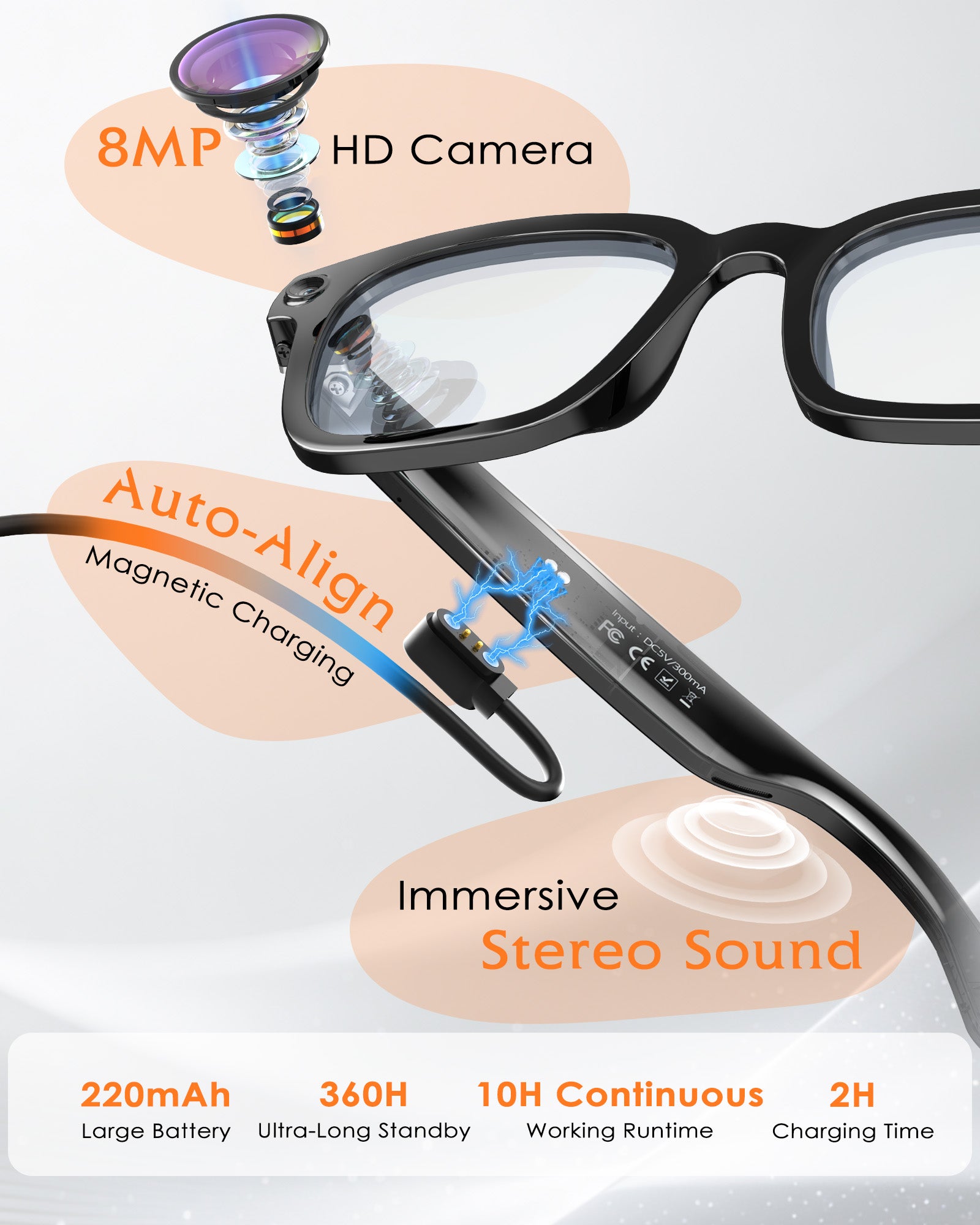 Smart-Glasses with Camera and Audio, 8MP HD Camera Smart-Sunglasses for Men Women, 1080P Video Recording AI Glasses, Real Time Translation, Voice Assistant V03-T5-EP