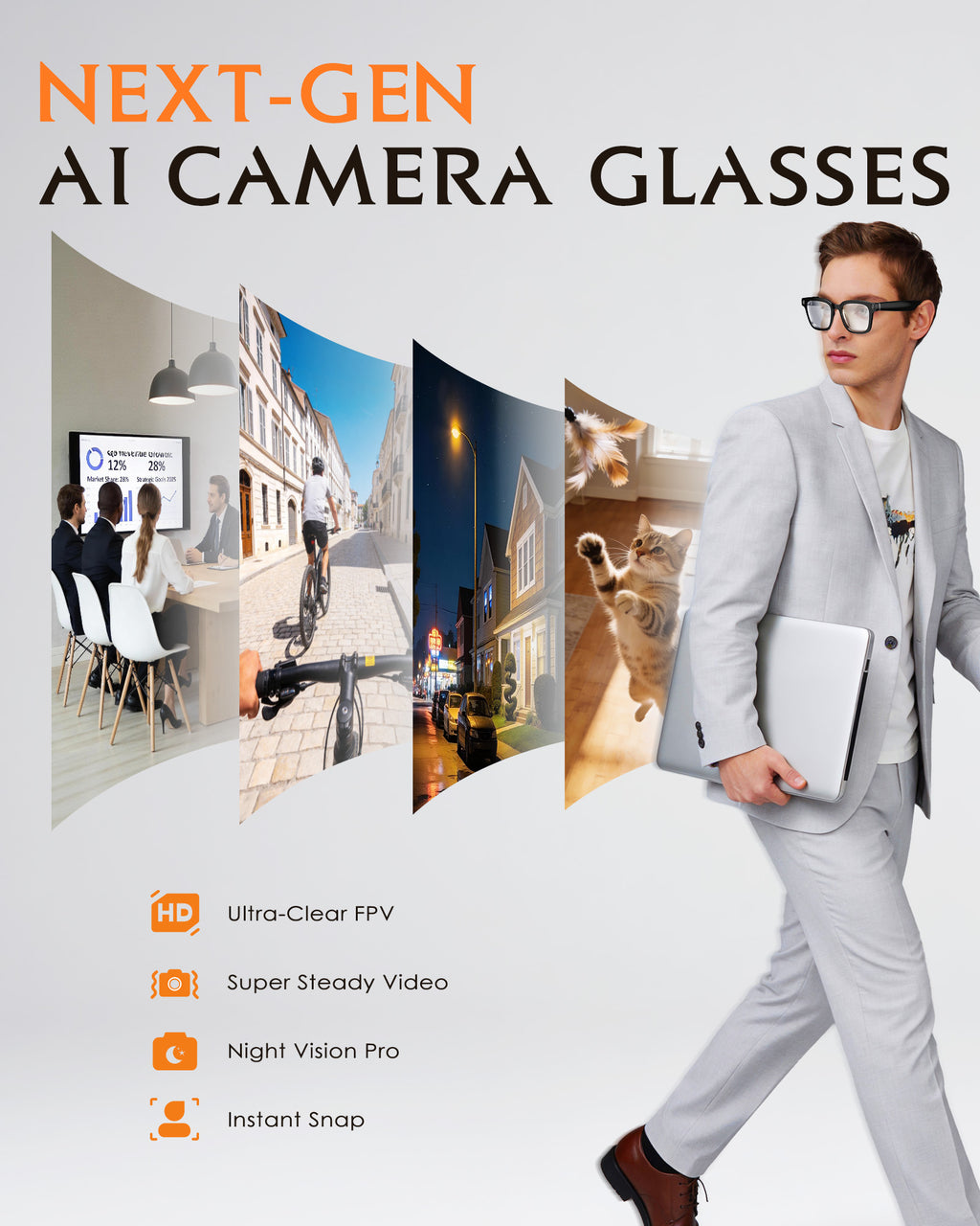 Smart-Glasses with Camera and Audio, 8MP HD Camera Smart-Sunglasses for Men Women, 1080P Video Recording AI Glasses, Real Time Translation, Voice Assistant V03-T5-EP